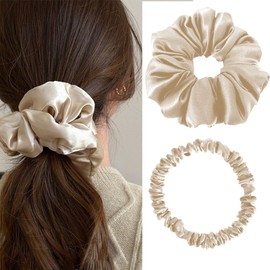 JetWave 100% Silk Scrunchie 2-piece Set, Non-marking Thick, Wide Design, Damage-less, Hairstyle Arrangement, Stylish, Perfect Gift (Champagne Gold)