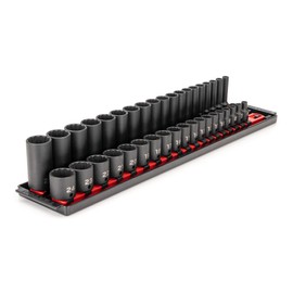 TEKTON 3/8 Inch Drive 12-Point Impact Socket Set with Rails, 38-Piece (6-24 mm) | SID91215