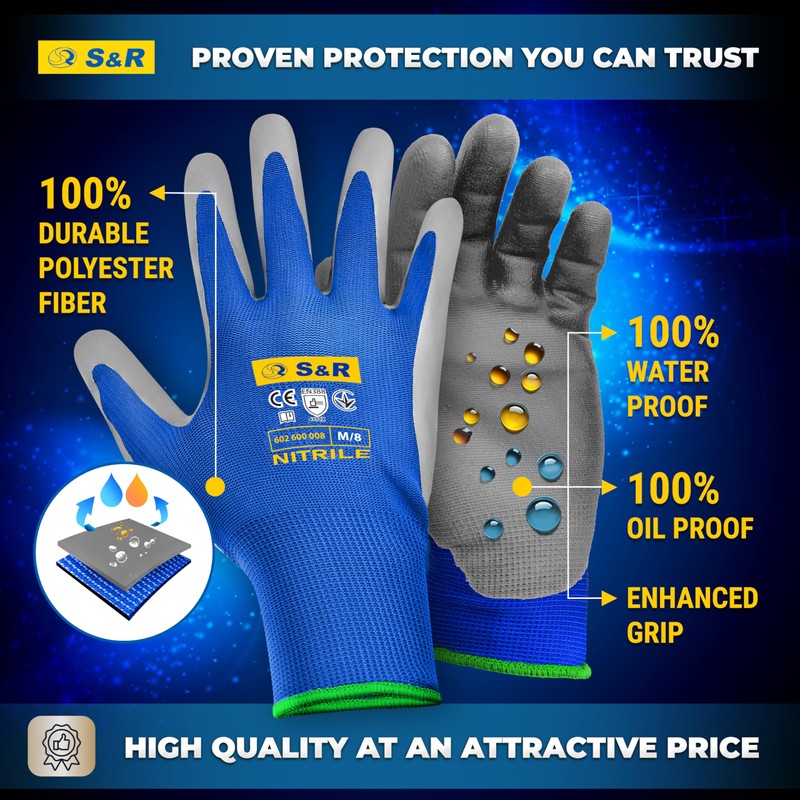 S&R Protective Gloves 12 Pairs with Nitrile Coating in XL/10,