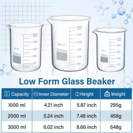 Relaxweex 3 Pcs Glass Beakers Set 3 Size 1000/2000 /3000 ml Borosilicate Beaker Lab Griffin Low Form Beaker Measuring Cup with Scale Graduation for Laboratory School Classroom Scientific Chemistry