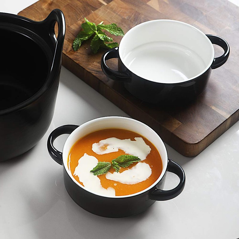 SWEEJAR Ceramic Soup Bowls with Double Handles, 20 Oz Stacked