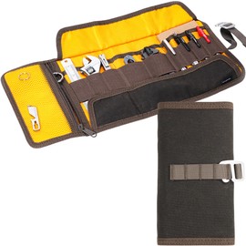 Roll Up Tool Bag Organizer, Small Tool Roll for Pen Lovers & Tech, Waxed Canvas Tool Pouch Pen Bag Pen Case Organizer, Multi-Pocket with Elastic Loops for Pencils, Art Supply, Hard Drives - EDC Bag