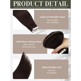 Loxxy Human Hair Extensions Tape in Dark Brown 16 Inch Silky Straight Double Sided Remy Tape in Hair Extensions Real Human Hair Seamless Skin Weft Thick End #2 50 Gram 20pcs