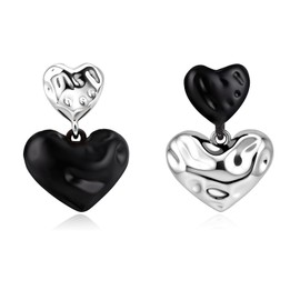 Desnuage Asymmetrical Black Silver Heart Dangle Earrings for Women Hammered Double Heart Drop Earrings Hypoallergenic Edgy Gothic Y2K Statement Jewelry