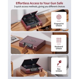 Gun Safe,Biometric Gun Safe for Pistols 3-Ways unlock Fingerprint Digital PIN Key Unlock with Voice,Lock box for Cloakroom living room Bedroom Nightstand and Car BILLCONCH - Burgundy Red