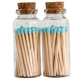 Fancy Safety Matches in 3" Glass Vial with Striker - Set of 2 Vials, 80 Wooden Matches Included, 2" Tall Decorative Matches, Glass Storage Vials with Strike Pad, Blue Matches (MV40x2)
