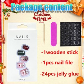 Short Square Christmas Press on Nails Glossy Glitter Fake Nails with Snowman Christmas Tree Pattern Designs Red Green Glue on Nails Artificial Full Cover Stick on Nails for Women and Girls 24Pcs