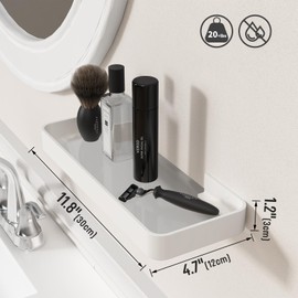 Danpoo 12-Inch Wall Shelf, Clear Tempered Glass with Matte White Aluminum Frame – Versatile Floating Bathroom Organizer