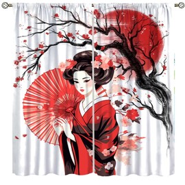 Yearn Jear Red Geisha Curtains Japanese Style with Cherry Blossoms Traditional Kimono Folk Culture Style,Rod Pocket Drapes for Living Room Bedroom Kitchen 42x45 Inch Decor