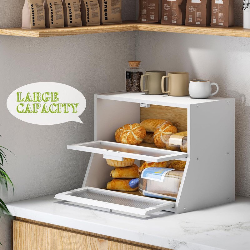 BMOSU Large Bread Box Double Layer Bamboo Bread Box for