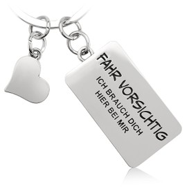 Mister Boncuk Fahr Vorsichtig Keyring with Engraving – Lucky Charm Metal – Heart Pendant for Key Ring, high-gloss silver