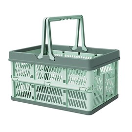 Jotia 1 Pack Collapsible Shopping Basket, 30x20x16.5cm Collapsible Storage Crate Plastic Storage Baskets for Organizing Foldable Picnic Basket with Handles for Home, Kitchen, Office (Green)