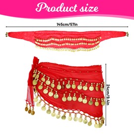 Piriuuo Belly Dance Hip Scarf, Belly Dance Skirt Chiffon Bellys Dances Belt with 128 Gold Coins Performance Bellys Dances Costume for Yoga Dancing (Purple)