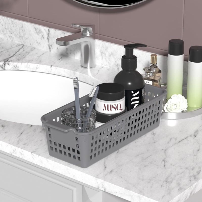 Ramddy Slim Plastic Storage Baskets, Gray Small Shelf Baskets, 4