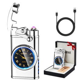 RSBYE Electric Lighter USB Rechargeable Lighters, Windproof Dual Arc Plasma Lighter, Flameless Electronic Cool Lighters with LED Battery Indication for Men (Silver Clock)