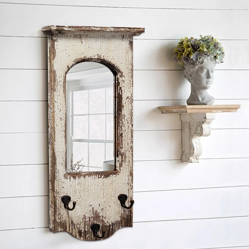 Rustic Entryway Arched Wall Mirrors with 3 Metal Hooks 12"