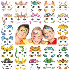 Partywind Glitter Temporary Face Tattoos for Kids, 24 Styles Face Stickers for Face Painting, Waterproof Fake Tattoo Stickers for Kids Makeup, Birthday Party Favors Supplies Goodie Bag Stuffers