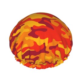 Fall Orange Camo Camouflage Shower Cap for Women Reusable Double Layers Waterproof Shower Hair Protector PEVA Lined Shower Hat for All Long Hair Lengths, Stretchy Adjustable Shower Caps