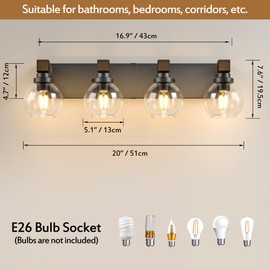 Farmhouse Bathroom Vanity Light Fixtures, 4-Light Wood Bathroom Light Fixtures Over Mirror, Rustic Sconces Wall Lighting with Glass Shade for Liveroom, Bedroom, Hallway