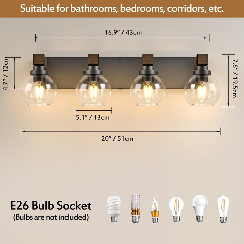 Farmhouse Bathroom Vanity Light Fixtures, 4-Light Wood Bathroom Light Fixtures
