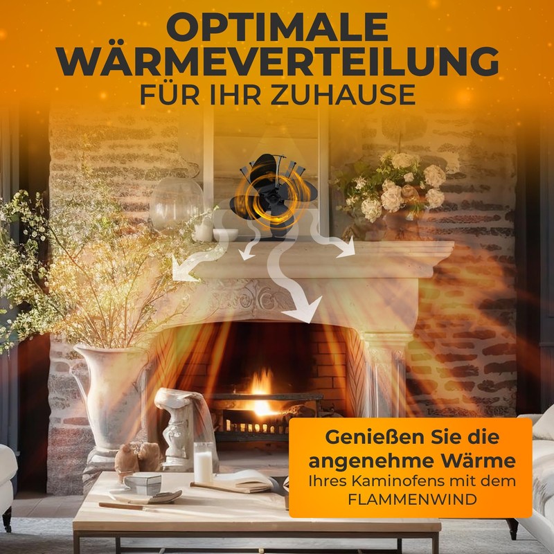 FLAMMENWIND Fireplace Fan without Electricity, Includes Thermometer and Storage Box