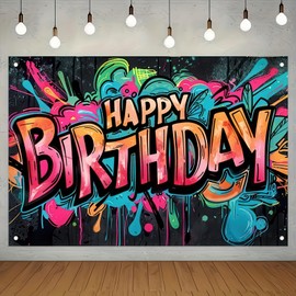 Graffiti Happy Birthday Banner Birthday Party Splatter Graffiti Birthday Decoration Backdrop Photo Booth Photography Background Background Decor for Kids Boy Girls Supplies