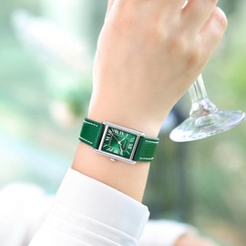VXFAIZY Rectangular Watch for Women with Vintage Roman Number and Leather Strap (Green Silver)