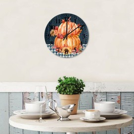 12 Inch Happy Fall Pumpkin and Buffalo Plaid Wood Wall Clock Silent Non-Ticking Quartz Battery Operated Autumn Thanksgiving Holiday Decorative Clock Arabic Numeral Round Clock for Home Office