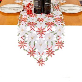 AMARED Christmas Table Runner Embroidered Poinsettia Holly Leaf Table Linens for Home Decorations 13 X 69 Inch