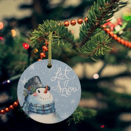 Blue Snowman Christmas 2023 Christmas Tree Hanging Ornaments, 3" Round Double-Sided Ceramic Ornaments Decor Let Snow Xmas Winter Snowflake