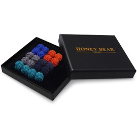HONEY BEAR 5 Pairs Mens/Women Silk Fabric Knot Twisted Cufflinks Set, for Shirt/Dress Business Wedding,Round Shape with Box (Blue Grey Orange with box)