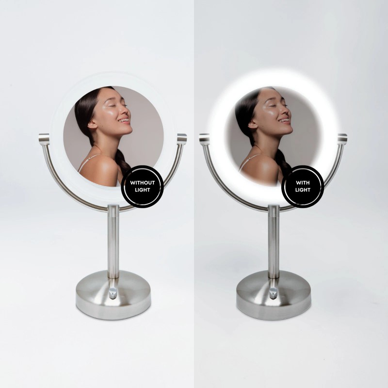 BROOKSTONE | 1X/10X Magnifying Double-Sided Lighted A/C Plug-In Tabletop Mirror