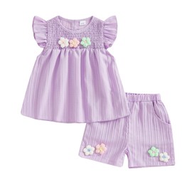 LYSINK Toddler Baby Girl Summer 2 Piece Outfits Cute 3D Flower Embroidery Ruffle Smocked Tops and Elastic Waist Shorts Sets (03Purple, 12-18 Months)