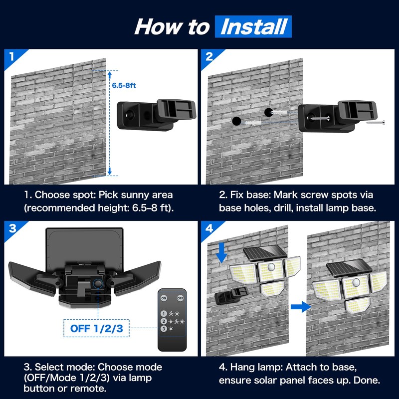 Adewalk 3000LM Outdoor Solar Light - Upgrade 4 Heads 188