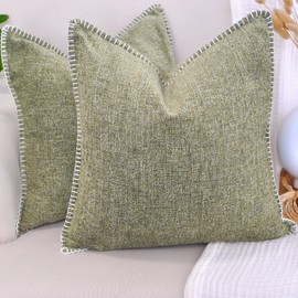 Textured Throw Pillow Covers 18x18 Inch Light Olive Green Set of 2, Trimmed Edging Soft Chenille Cushion Covers, Modern Pillow Cases for Couch Living Room, Decorative Farmhouse Pillows Covers