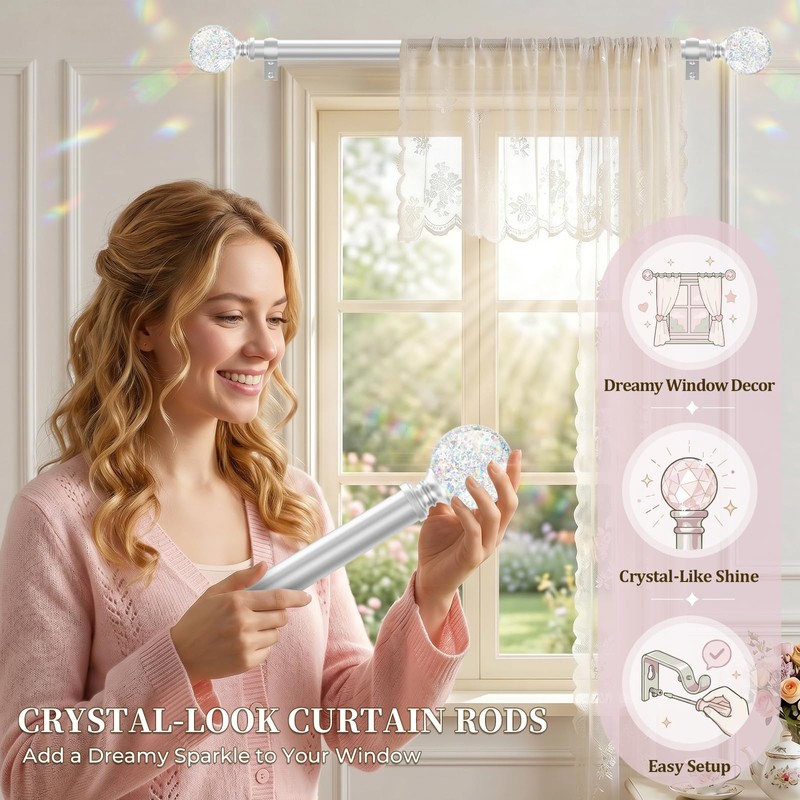 Silver Rainbow Curtain Rod Adjustable Heavy Duty Crystal Ball,18-45"