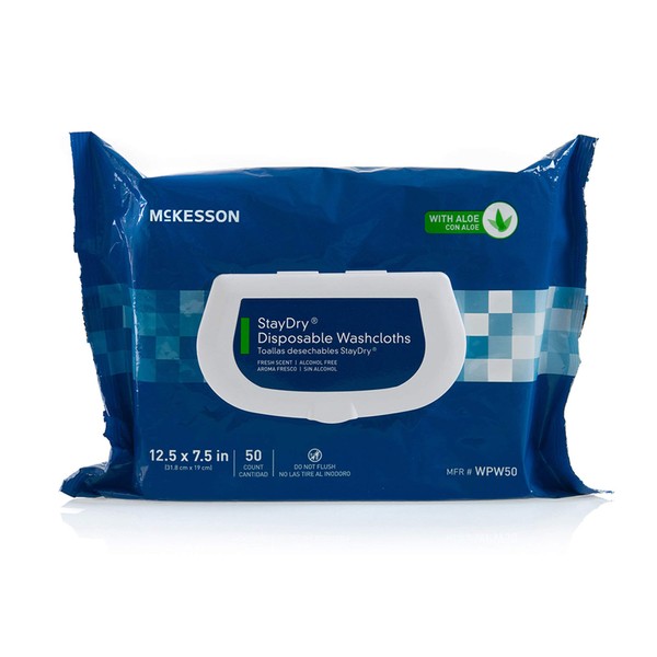 McKesson StayDry Disposable Wipes or Washcloths for Adults with Aloe, Incontinence, Alcohol-Free, Not-Flushable, 50 Wipes, 12 Packs, 600 Total
