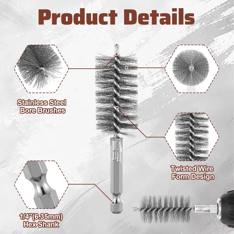 5 Pcs 1" Bore Brush for Drill Stainless Steel Round