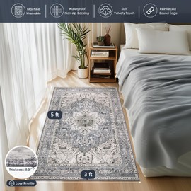 PURRUGS Vintage Farmhouse Boho Throw Rug 3x5 ft, Non-Slip Machine Washable Rug, Accent Oriental Area Rug for Entryway, Kitchen, Bedroom, Living Room and Dining Room, Periwinkle Gray/Soft Ivory