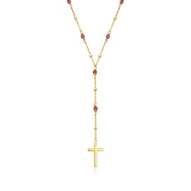 Ross-Simons 2.30 ct. t.w. Garnet Rosary Beads With Cross Necklace in 18kt Gold Over Sterling. 16 inches