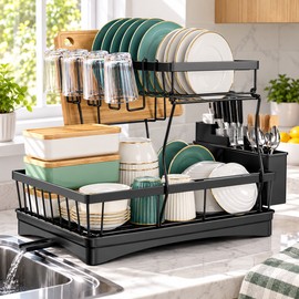 2-Tier Dish Drying Rack for Kitchen Countertops – Removable Metal Dish Organizer for Dishes, Glasses & Utensils