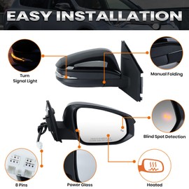 Right Passenger Side Mirror Compatible with Toyota RAV4 2013-2018 Heated with Blind Spot Detection with Turn Signal Light Power Glass Manual Folding 8 Pins Black
