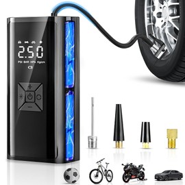 Gonfleur Pneus Voiture Sans Fil, Compresseur à Air Portatif, Mini Compresseur 150 PSI 12 V DC, Compresseur with Affichage Numérique Lumière LED and Port C USB for Pneus de Voiture, Moto, Velo etc