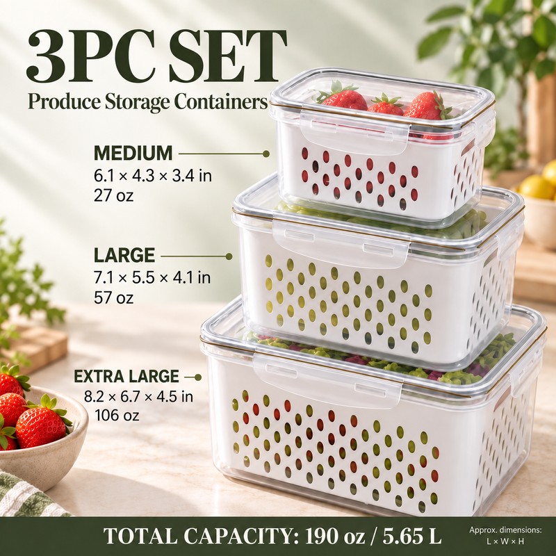 Produce Storage Containers for Fridge with Removable Colanders & Locking