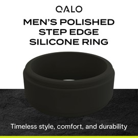 QALO Men's Silicone Ring, Black (Size 12) - Polished Step Edge - Mens Wedding Bands - Breathable & Durable Silicone Rings for Men - Thick Rubber Engagement Rings for Him - 9mm x 2mm
