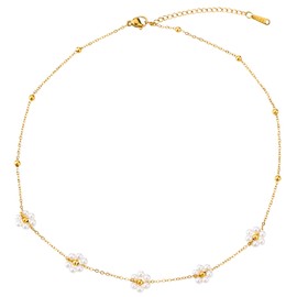 Mikovivi Daisy Pearl Necklace for Women, Simple Daisy Choker Necklace Dainty Pearl Flower Necklace 5 Daisies Summer Trendy Gold Necklace Jewelry Gift for Women