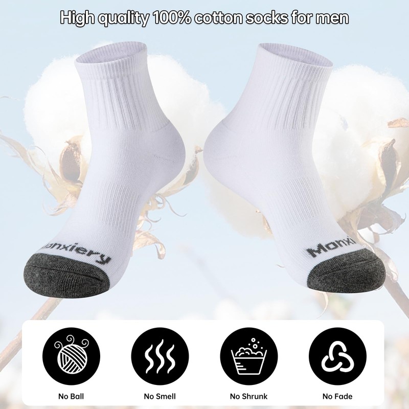 Monxiery Mens 100% Cotton Cushioned Moisture Wicking Ankel Socks, Athletic