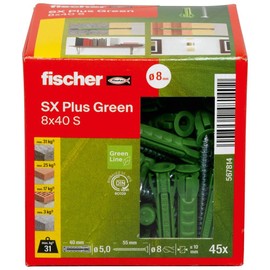 fischer Expansion dowels SX Plus Green 8 x 40 S, Box of 45 Sustainable dowels and Matching Screws, Optimal Hold in Concrete, Solid Brick, aerated Concrete, Perforated Bricks and Much More.
