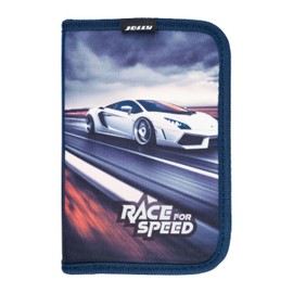 JOLLY Race for Speed Design 1 Zip Pencil Case, Dark Blue, 30 Pieces Filled with Colouring Pencils, Fibre Tips, Graphite Pencils and Accessories, Ideal School Pencil Case for Boys