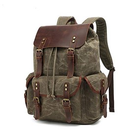 Genuine Leather Canvas waxed Backpack Travel Rucksack Laptop Bag